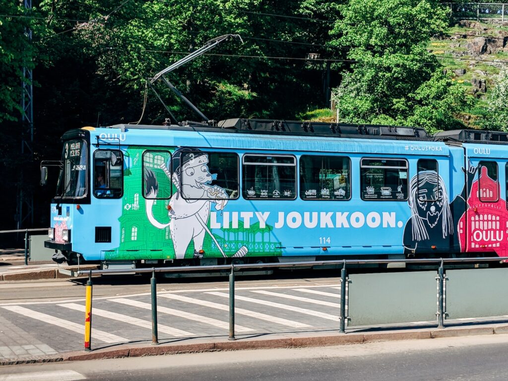 blue and gray bus surrounded with trees